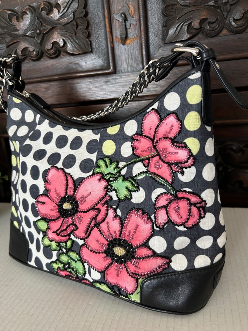 Isabella Fiore Black Polka Dot Floral Shoulder Bag - Pink Flower Accent - Picture 3 of 13